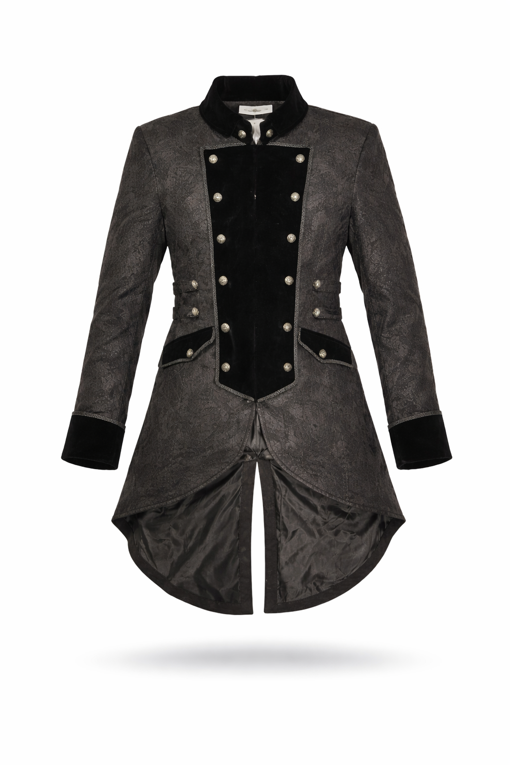 Black pirate tailcoat with velvet lapels and brocade texture.
