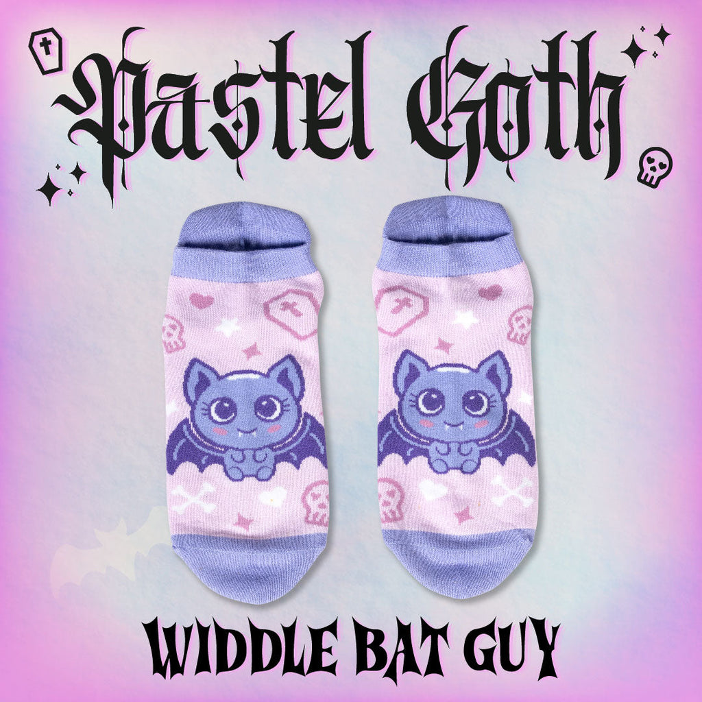 Widdle Bat Guy Ankle Socks featuring cute bat designs in pastel goth style.