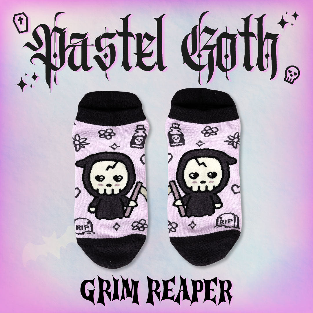 Pastel Goth Grim Reaper Ankle Socks featuring a cute reaper design on a pastel background.