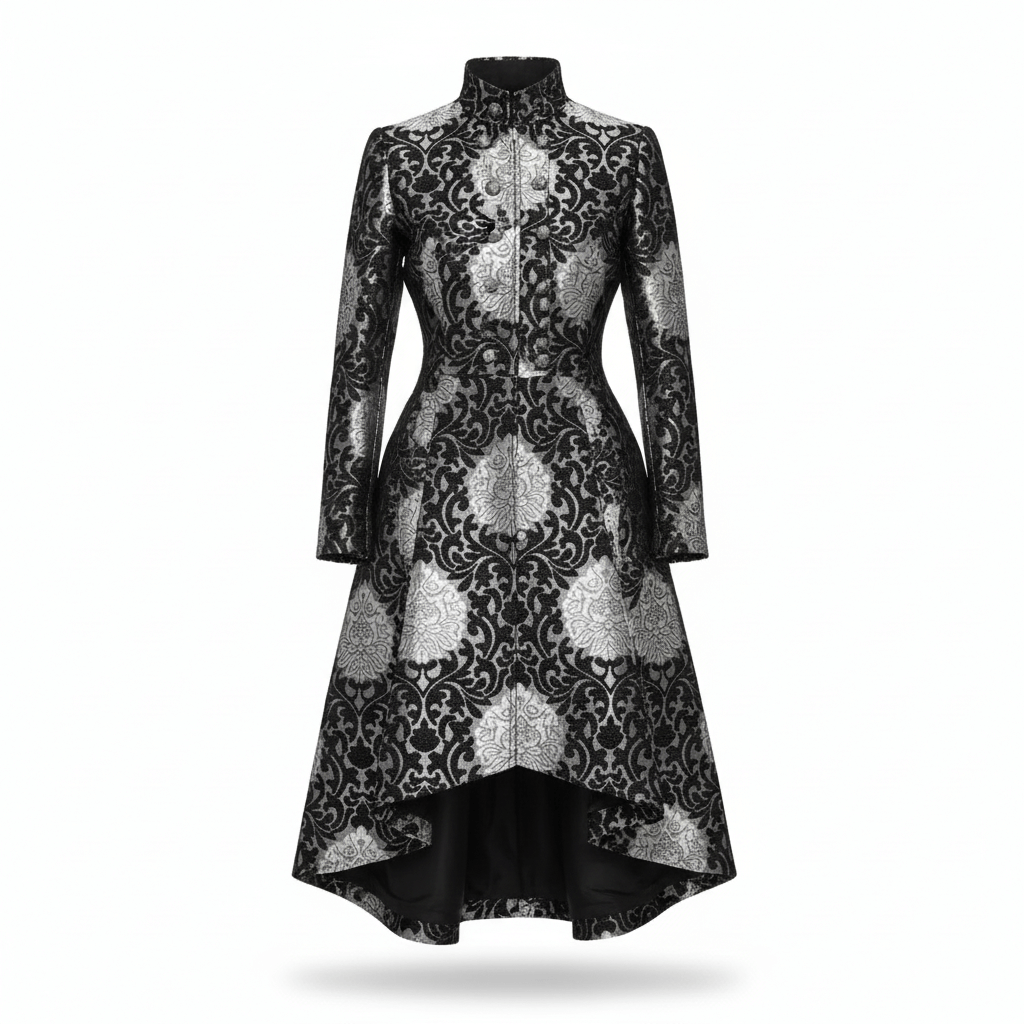 Silver brocade women's coat with satin lining.