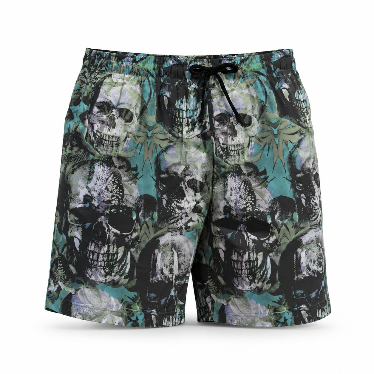 Punk Skulls print beach shorts.