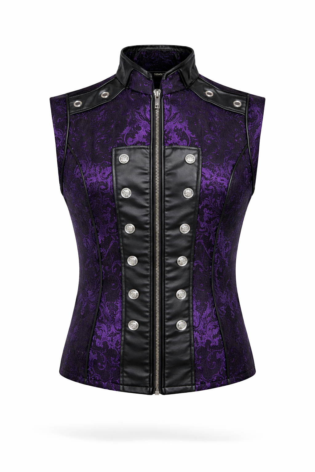 Drake Waistcoat Vest in Purple King Brocade with matte black panels and silver-tone buttons.