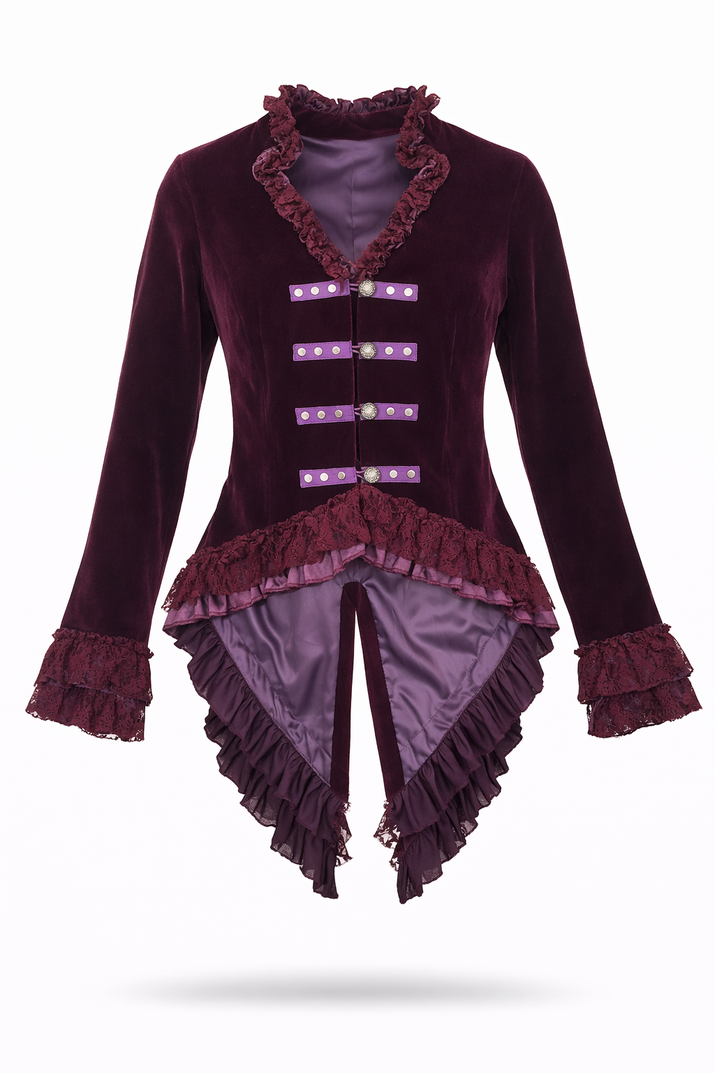 Purple velvet tailed jacket.