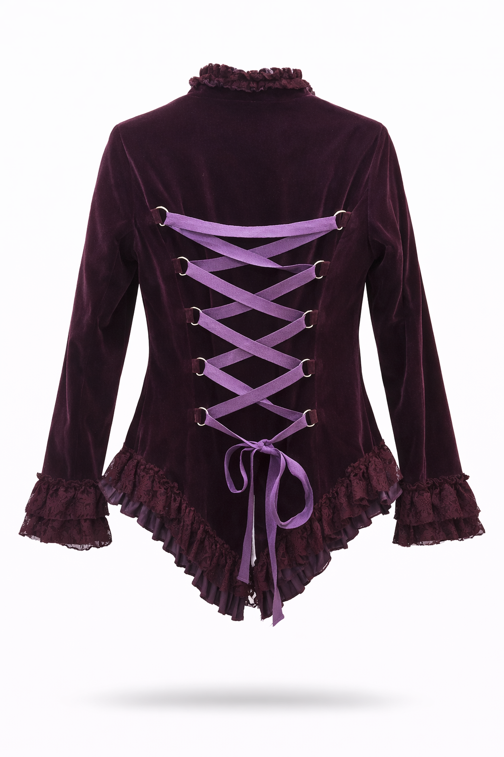 Velvet Jacket – Purple Tailed Gothic Punk Alternative Coat with lace-up back and ruffled sleeves.