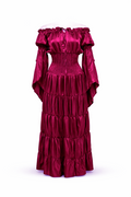 Purple striped pirate dress with off-shoulder neckline and removable sleeves.
