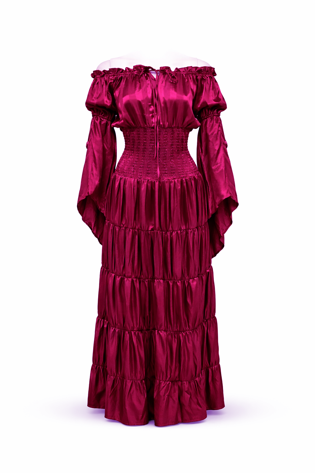 Purple striped pirate dress with off-shoulder neckline and removable sleeves.