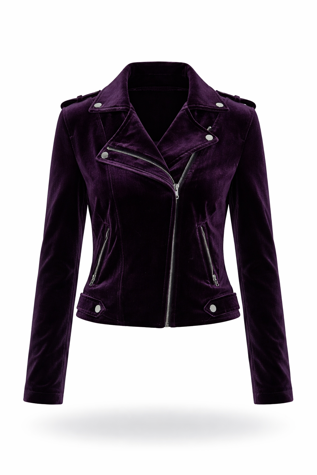 Purple velvet moto jacket on a white background