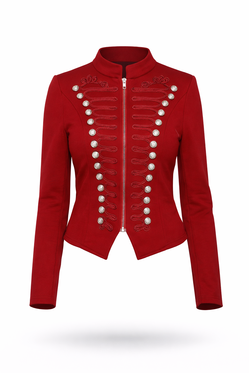 Red military-style Usher coat.