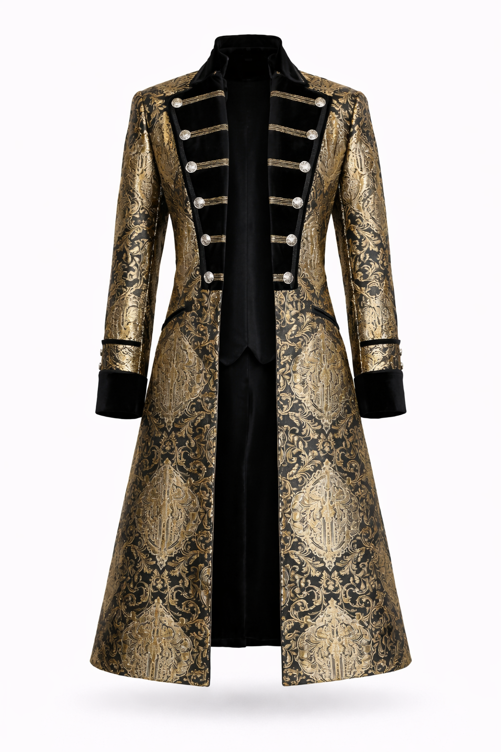 Gold brocade Raven coat with black velvet accents.