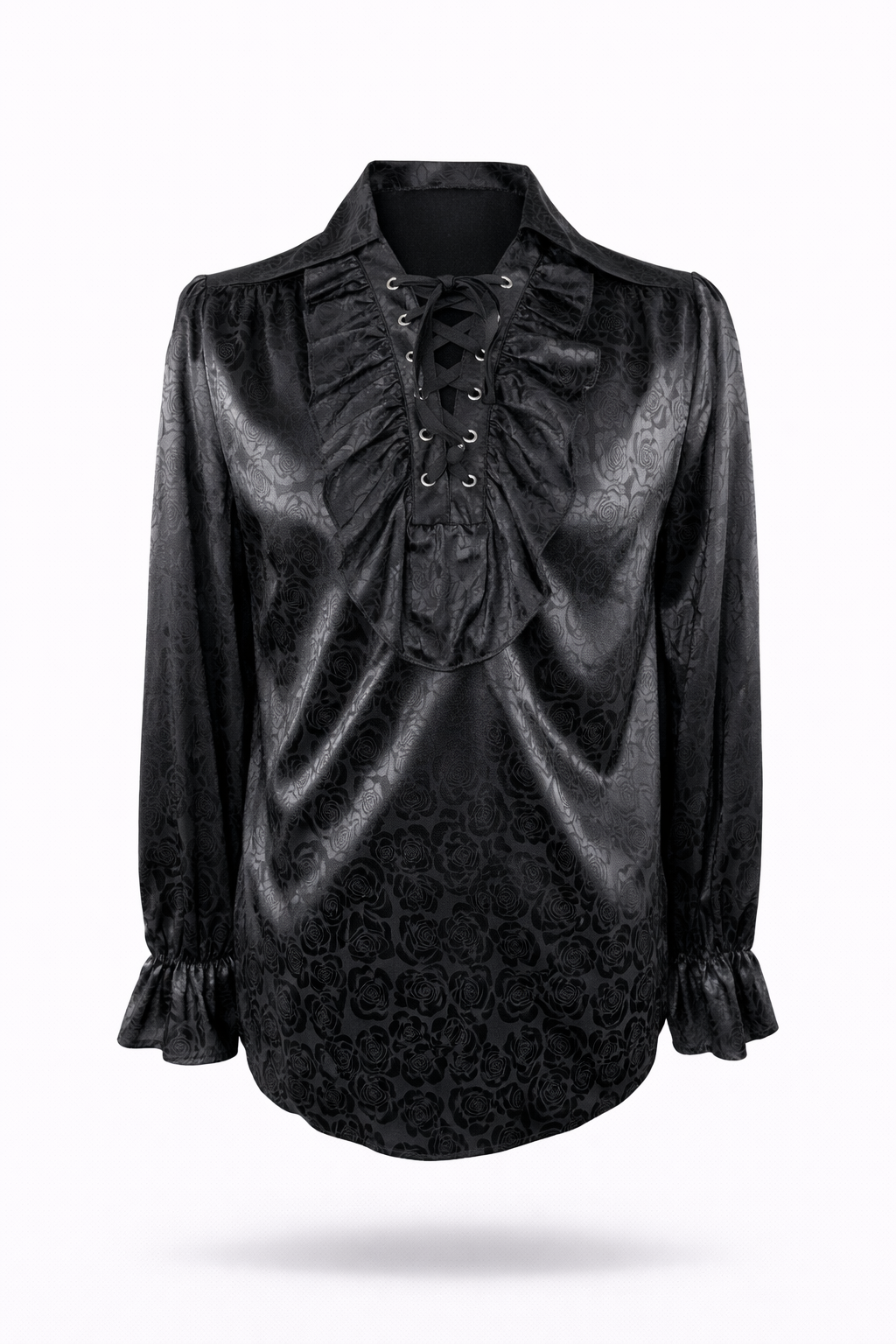 Black Raven Spell pirate shirt with lace-up neckline and ruffled cuffs.