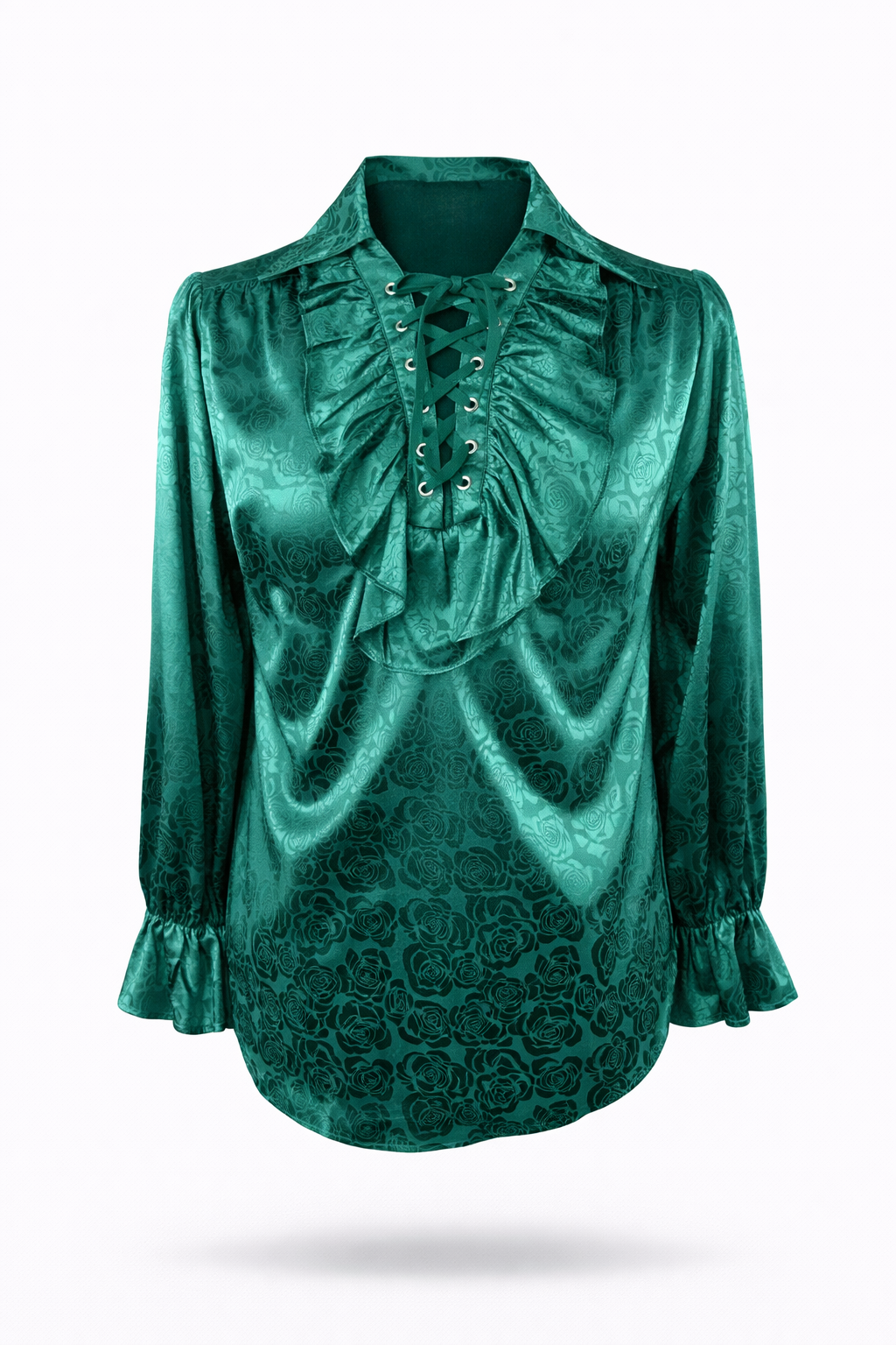 Emerald pirate shirt with lace-up neckline and ruffled cuffs.
