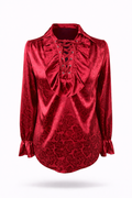 Crimson pirate shirt with lace-up neckline and ruffled cuffs.