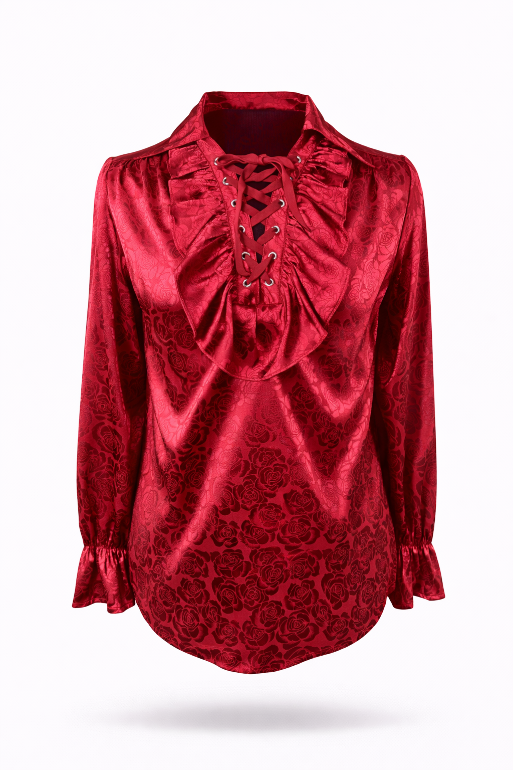 Crimson pirate shirt with lace-up neckline and ruffled cuffs.