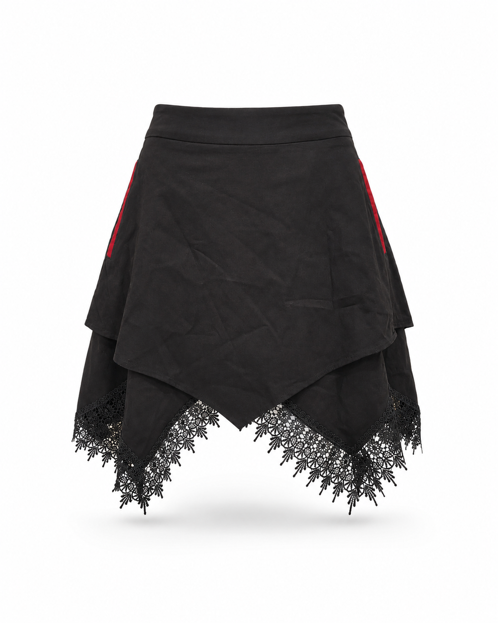 Black Cathedral lace handkerchief-hem skirt.