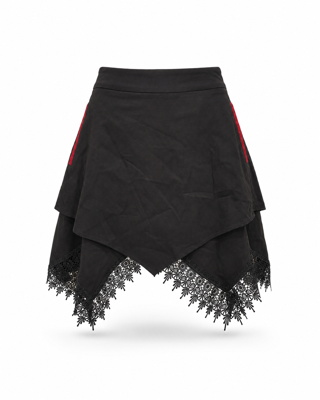 Black Cathedral lace handkerchief-hem skirt.