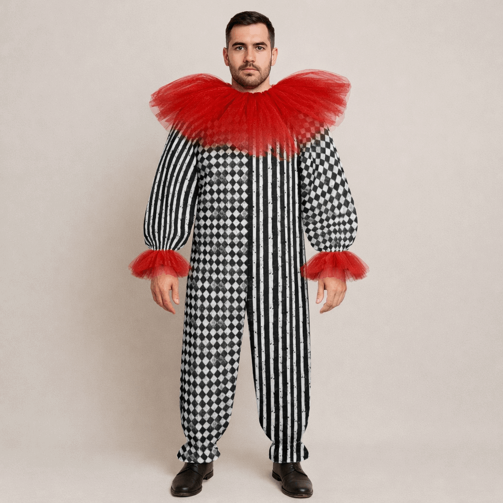 Red Tulle Clown Collar & Cuff Set worn by a clown in a black and white striped costume.