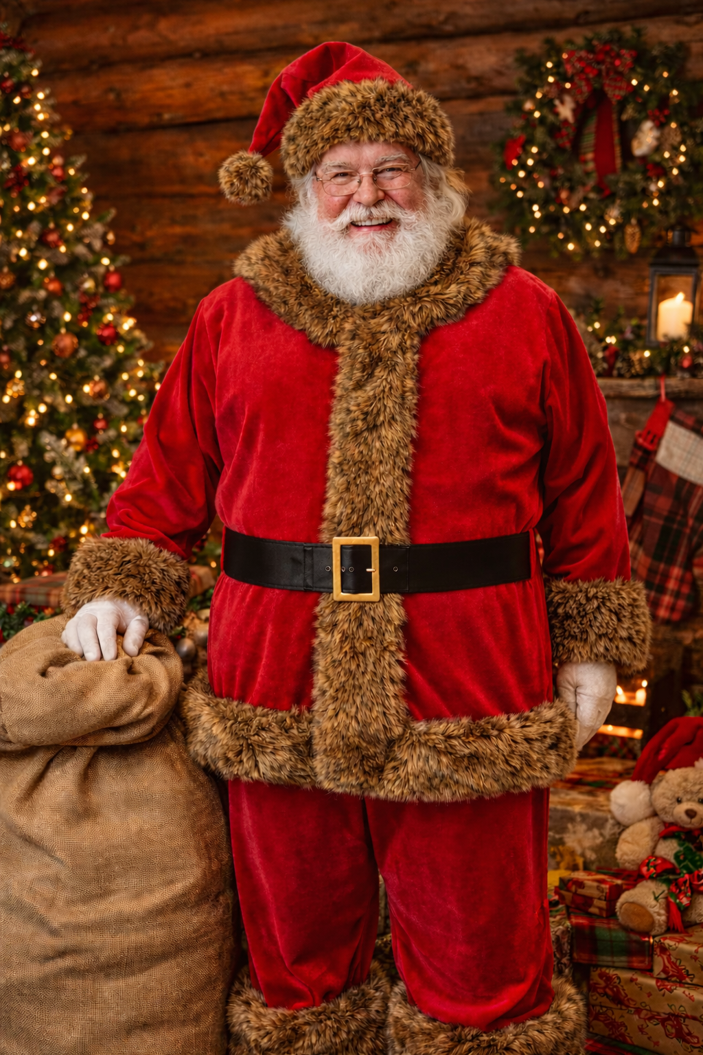 Trim & Tradition Santa Suit worn by a smiling Santa Claus in a festive Christmas setting.