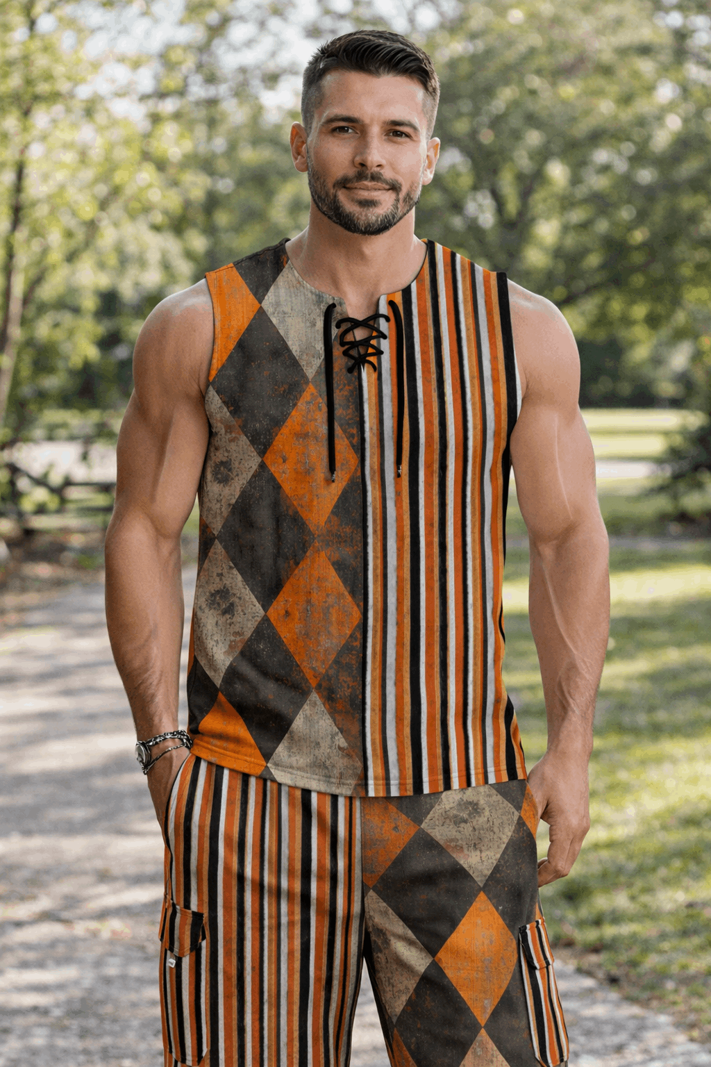 WREKED Schitzo Stripe & Harlequin Print Cargo Pants on model in outdoor setting, showcasing bold stripes and harlequin patterns.