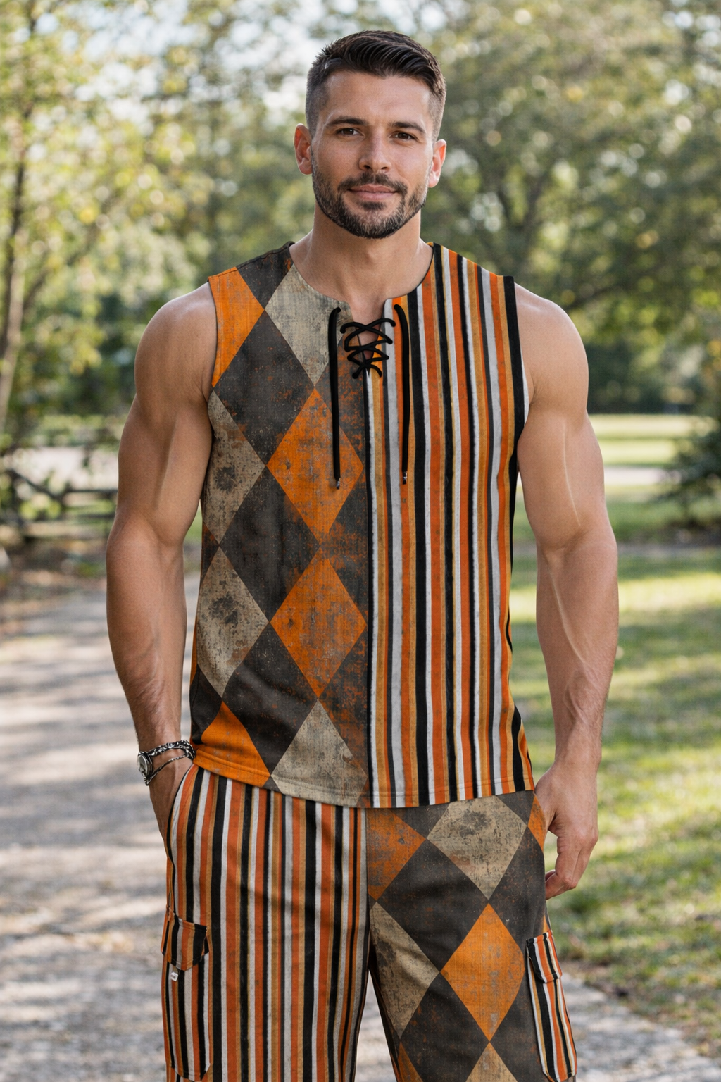 WREKED Schitzo Stripe & Harlequin Print Cargo Pants on model in outdoor setting, showcasing bold stripes and harlequin patterns.