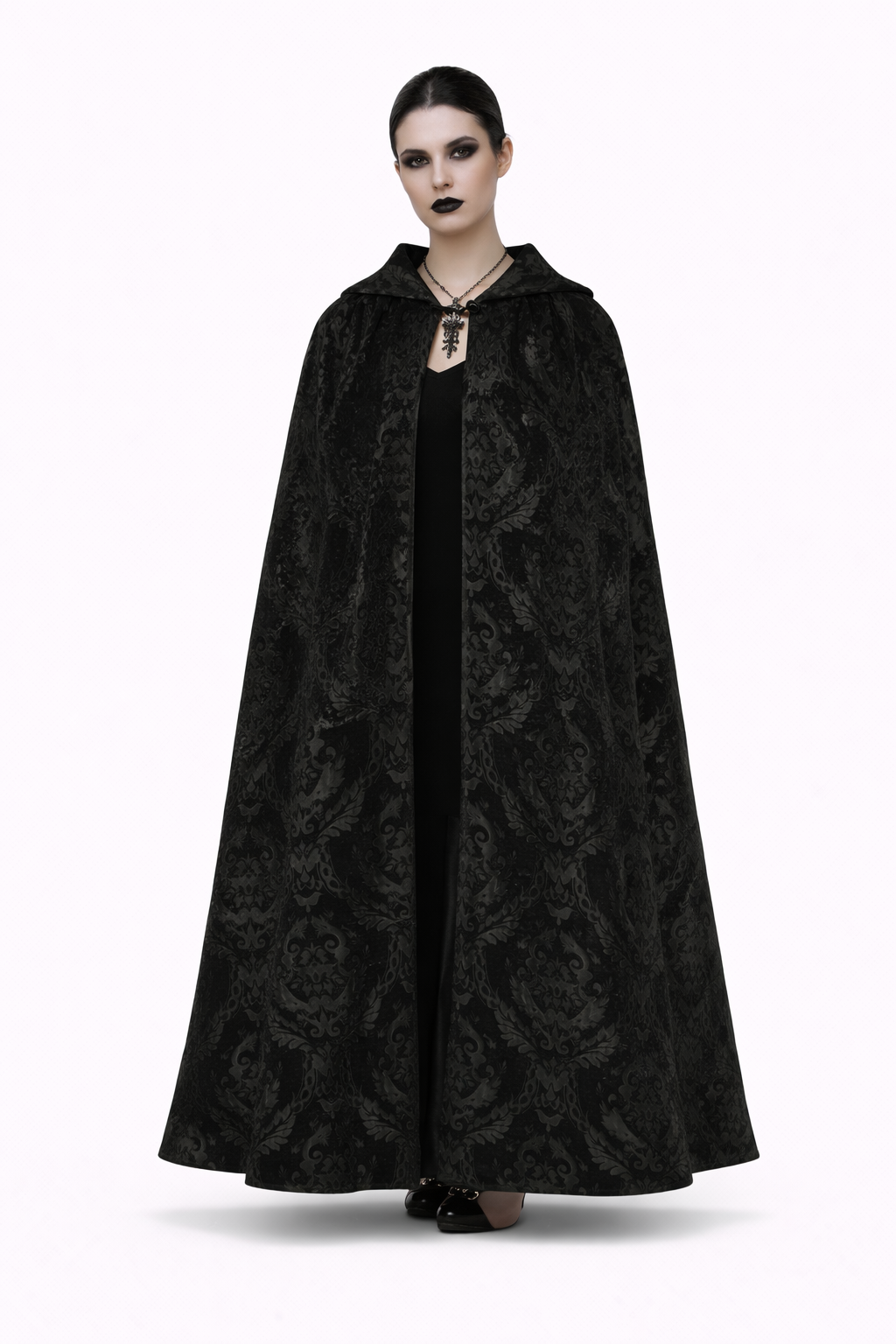 Black Brocade Men's cape - Dramatic Opera Cape worn by a model showcasing gothic elegance and theatrical style.