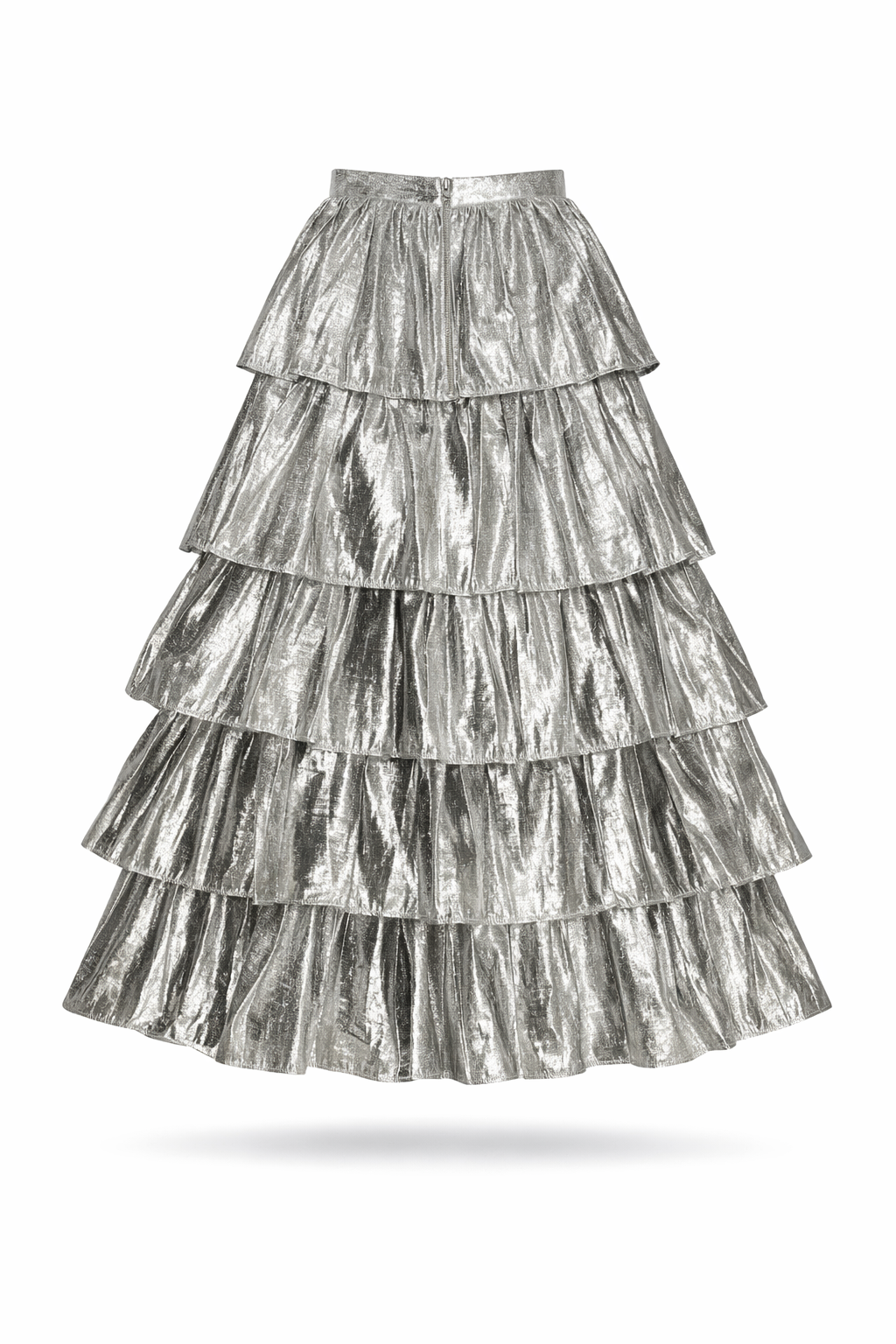 Tiered Skirt – Silver Lame Gothic Punk Statement Skirt showcasing shimmering fabric and layered design.