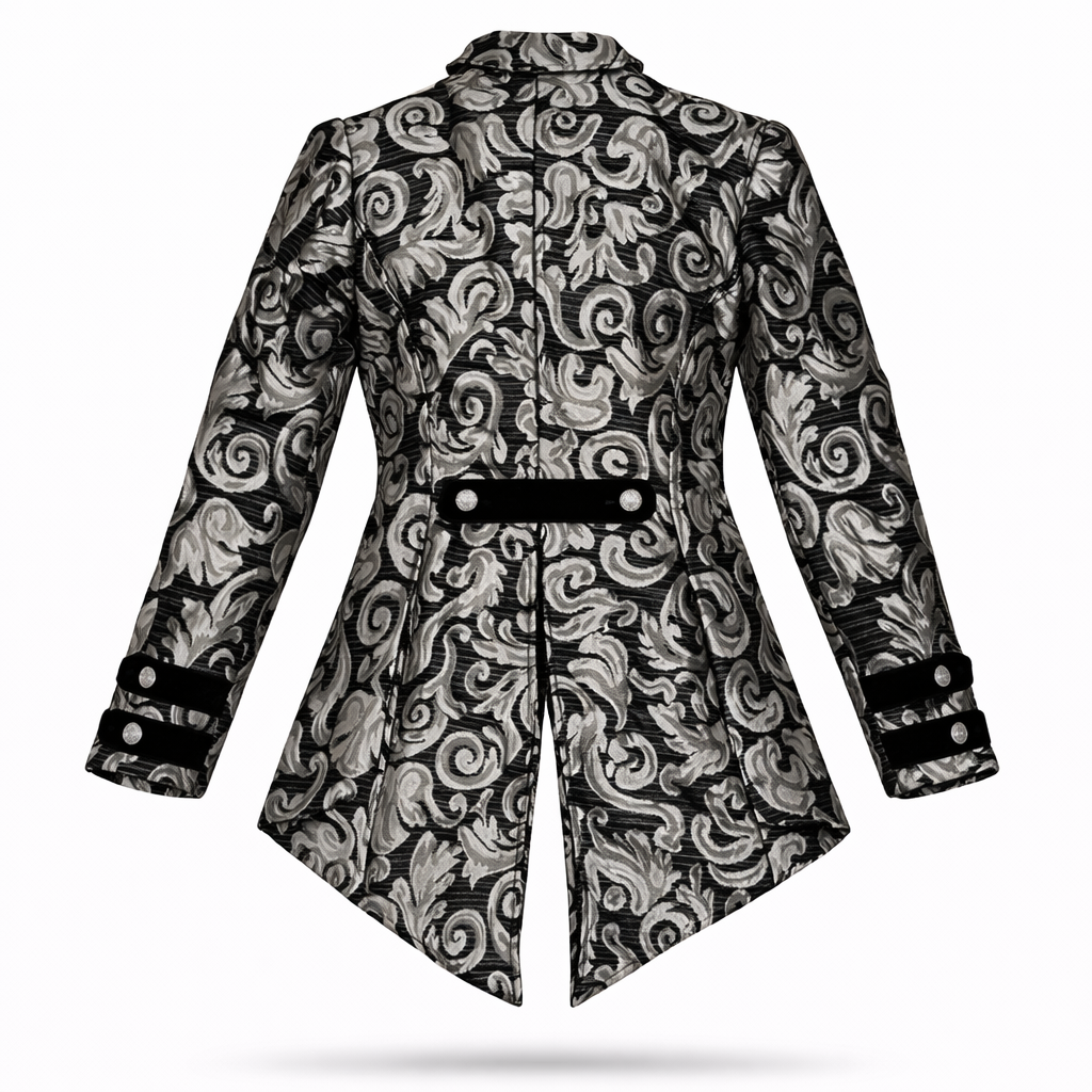 back view Black and white patterned coat on a white background
