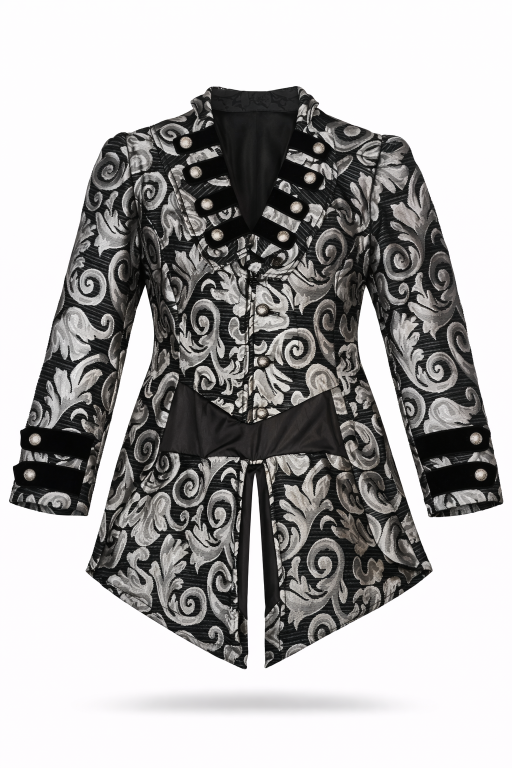 Silver brocade coat with black patterned panels.