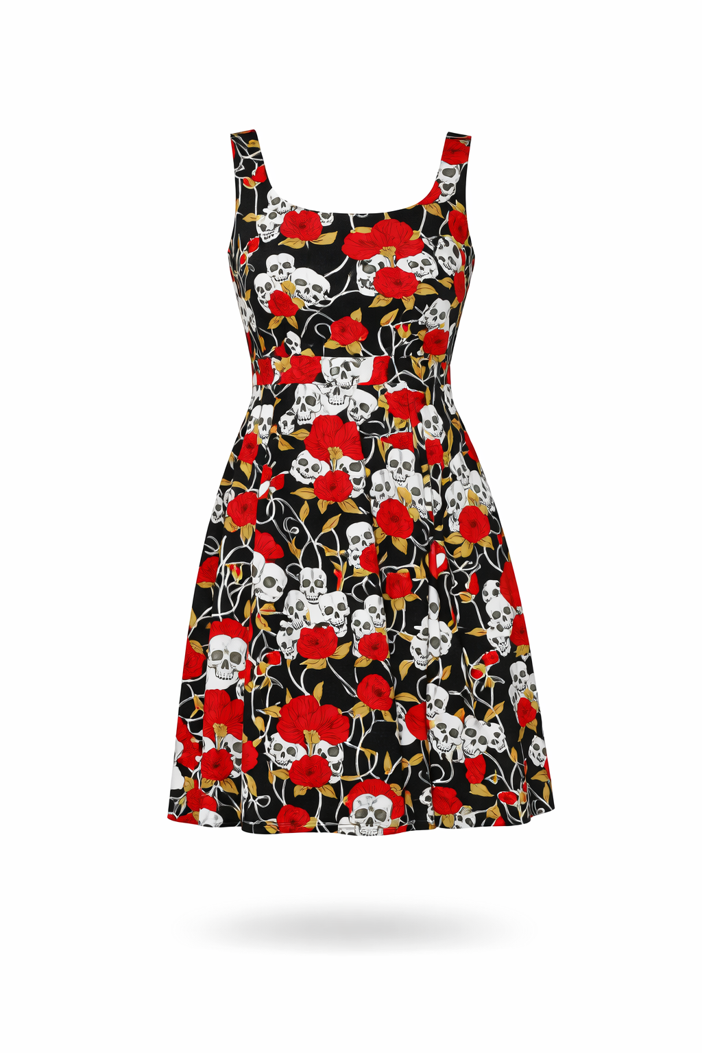 Black fit-and-flare dress with red roses and white skulls.