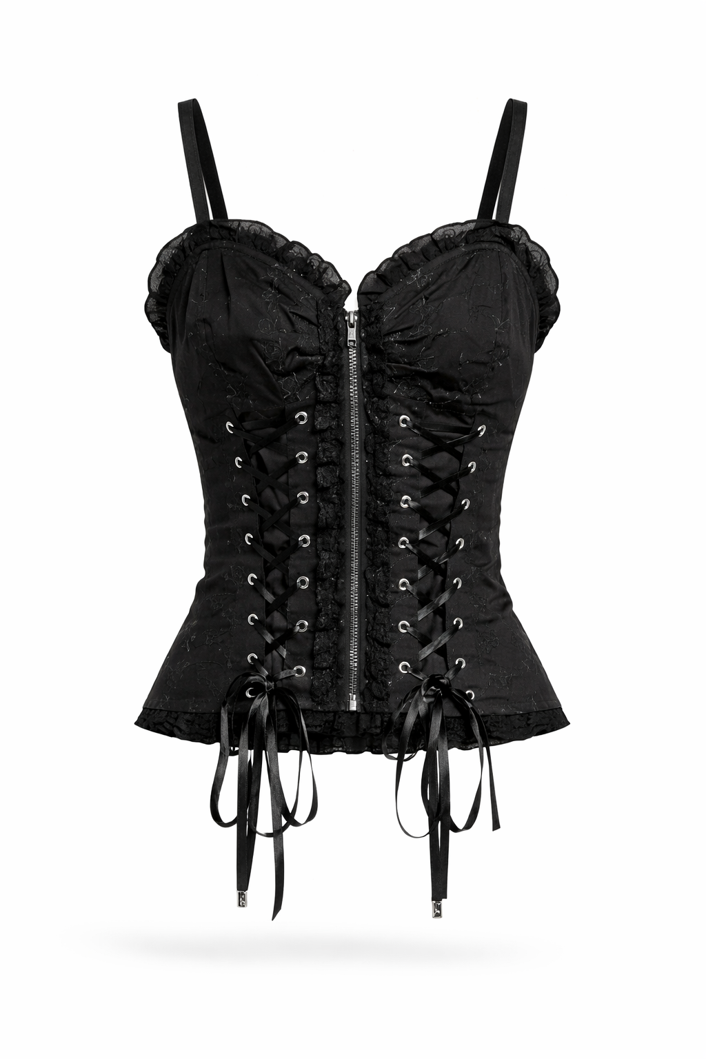 Black Tripp NYC corset top with skull embroidery.