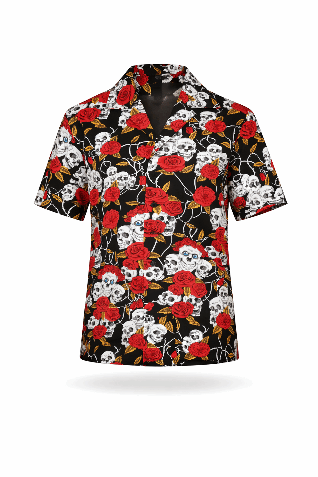 Black Orchid Bloom shirt with skull and rose print.