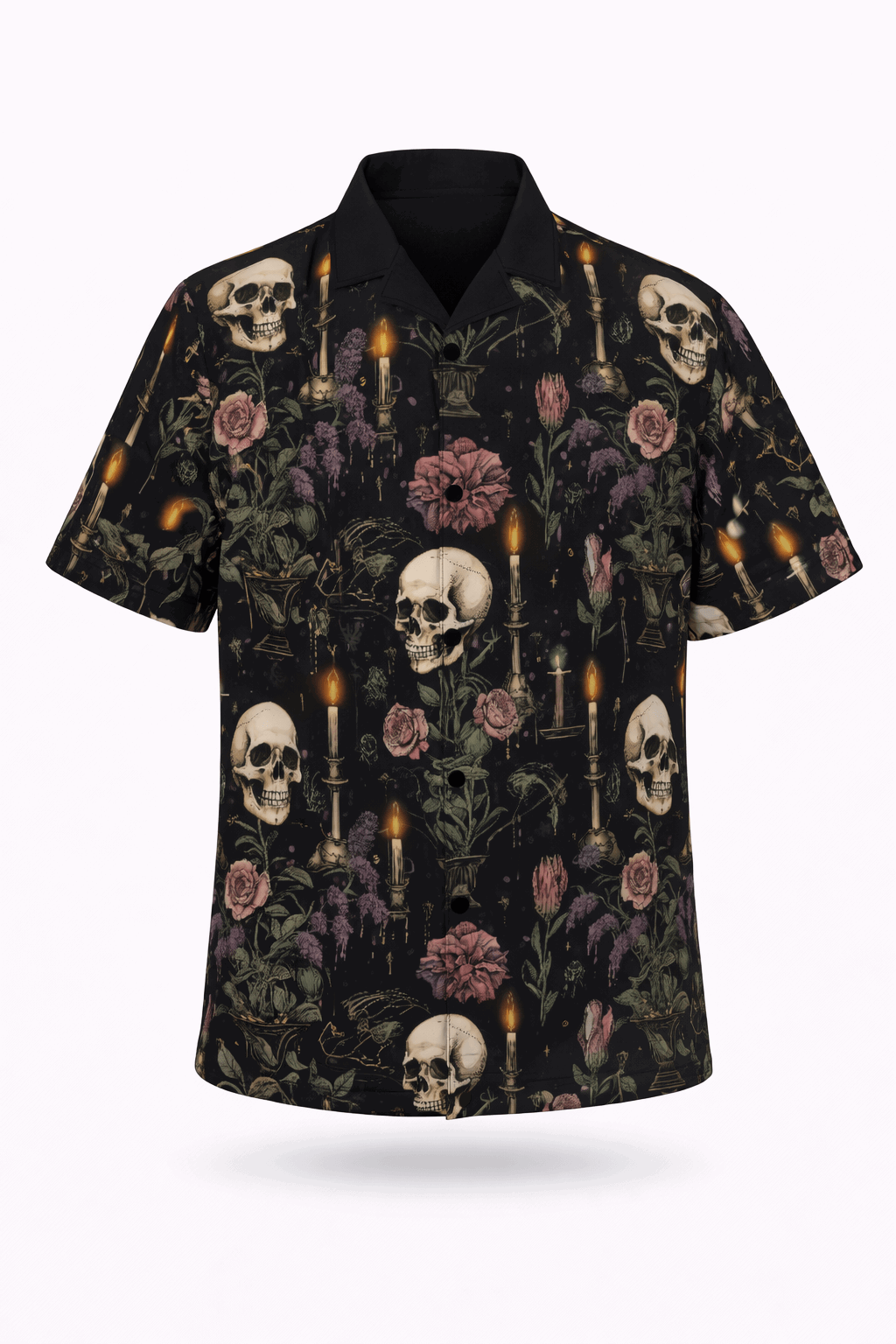 Gothic skull button-up shirt featuring intricate skull and floral prints on a dark background.