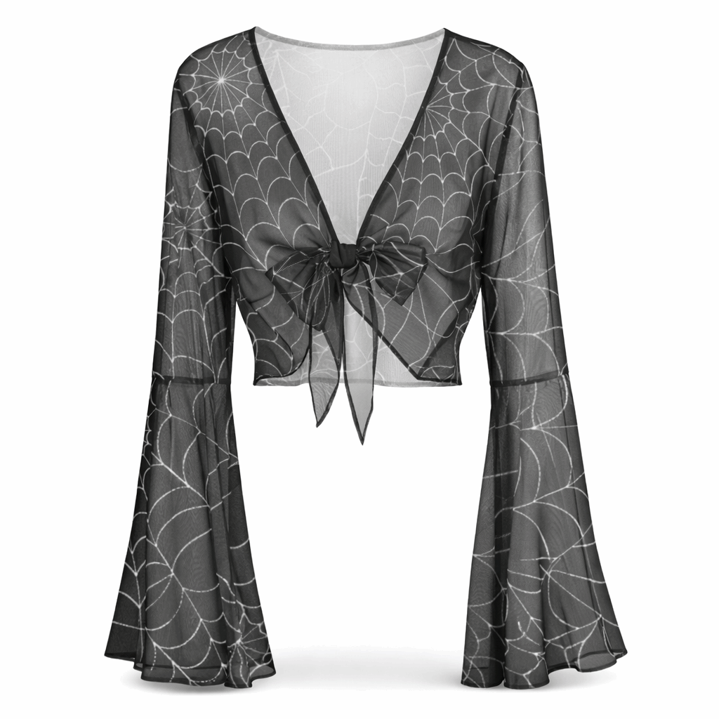 Sheer spiderweb mesh tie-front blouse.