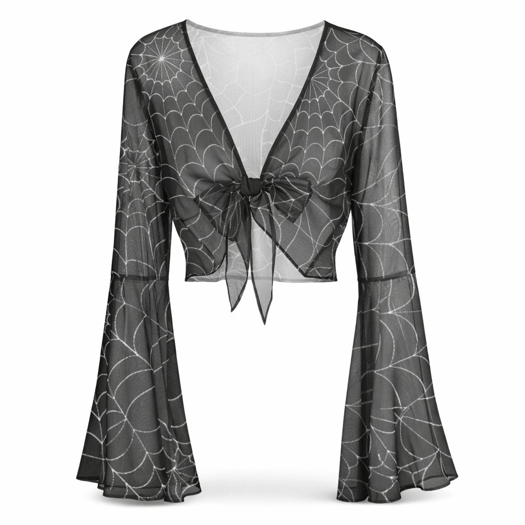 Spiderweb Mesh Tie-Front Blouse with bell sleeves and tie detail, featuring a sheer spiderweb design.
