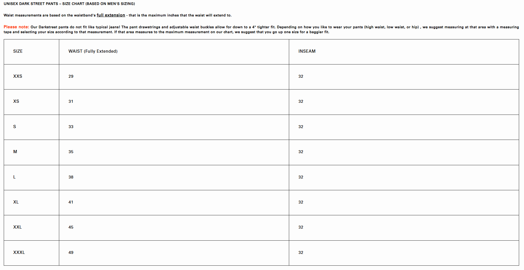 Size chart for TRIPP NYC MIGHTY METAL PANT ORANGE INK WASH GOTHIC STREETWEAR, including waist and inseam measurements.