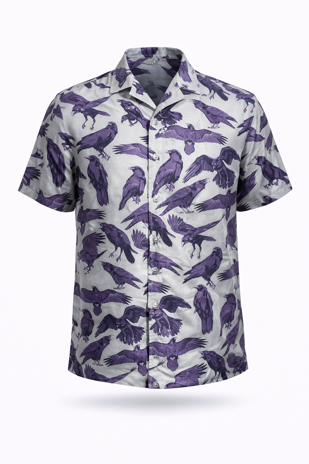 The Flock Gothic Button-Up Shirt featuring purple-blue shadow ravens on a cool gray-green base.