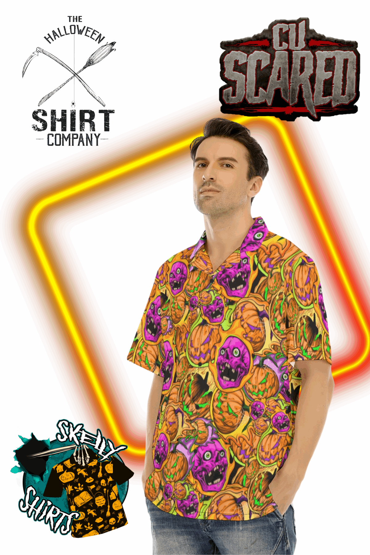 Man wearing a colorful Halloween-themed shirt with brand logos in the background