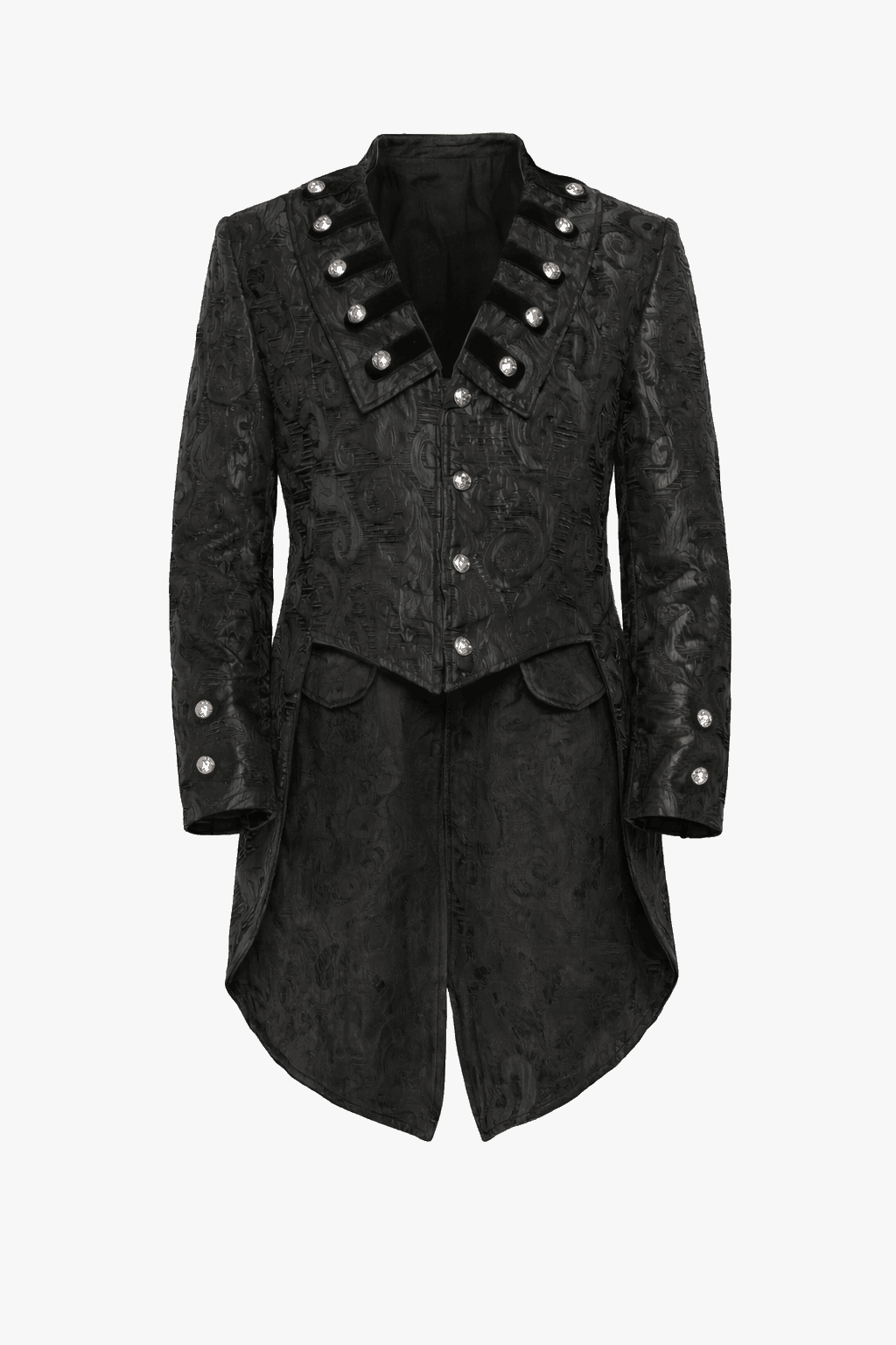 Men's black brocade Victorian-inspired tailcoat.