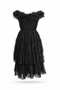 Black Wednesday lace dress with layered skirt.