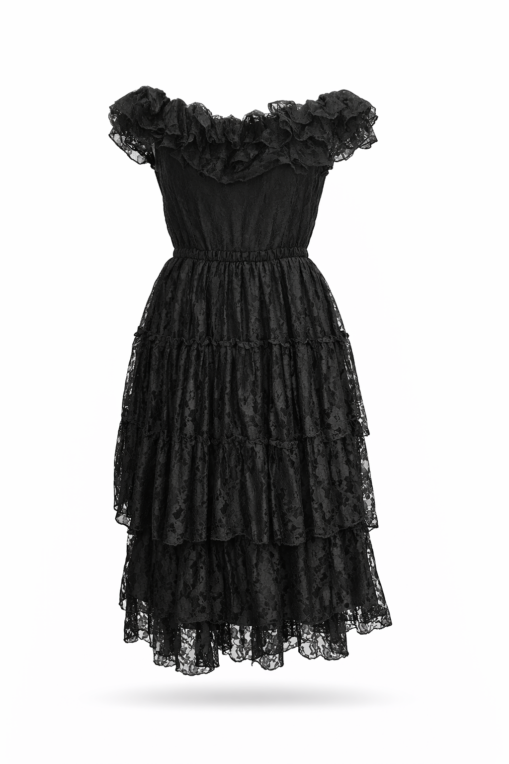 Black Wednesday lace dress with layered skirt.