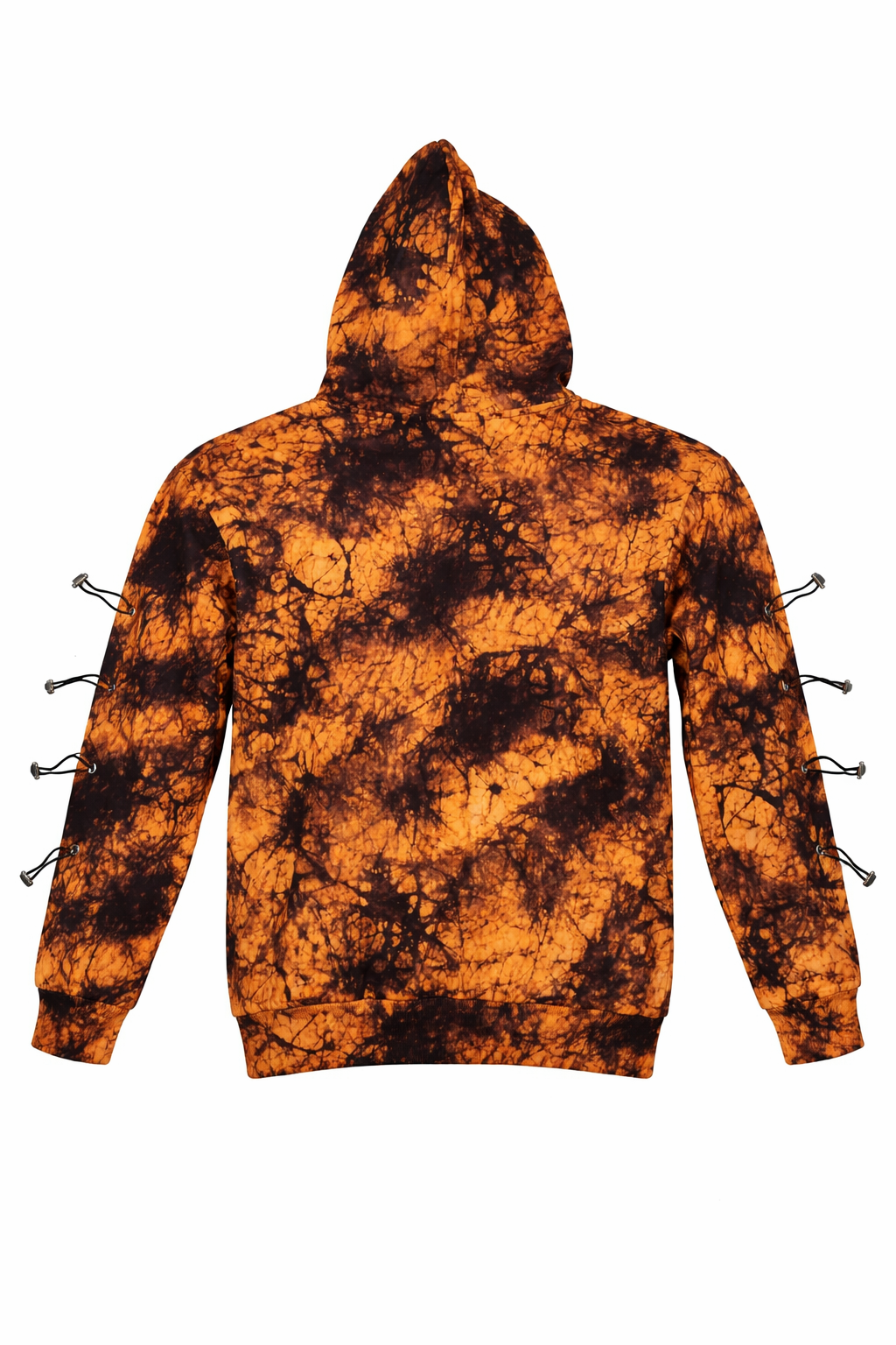Tie-dye hoodie and sweatpant set featuring a bold orange and black crystal-wash print with decorative toggle hardware.