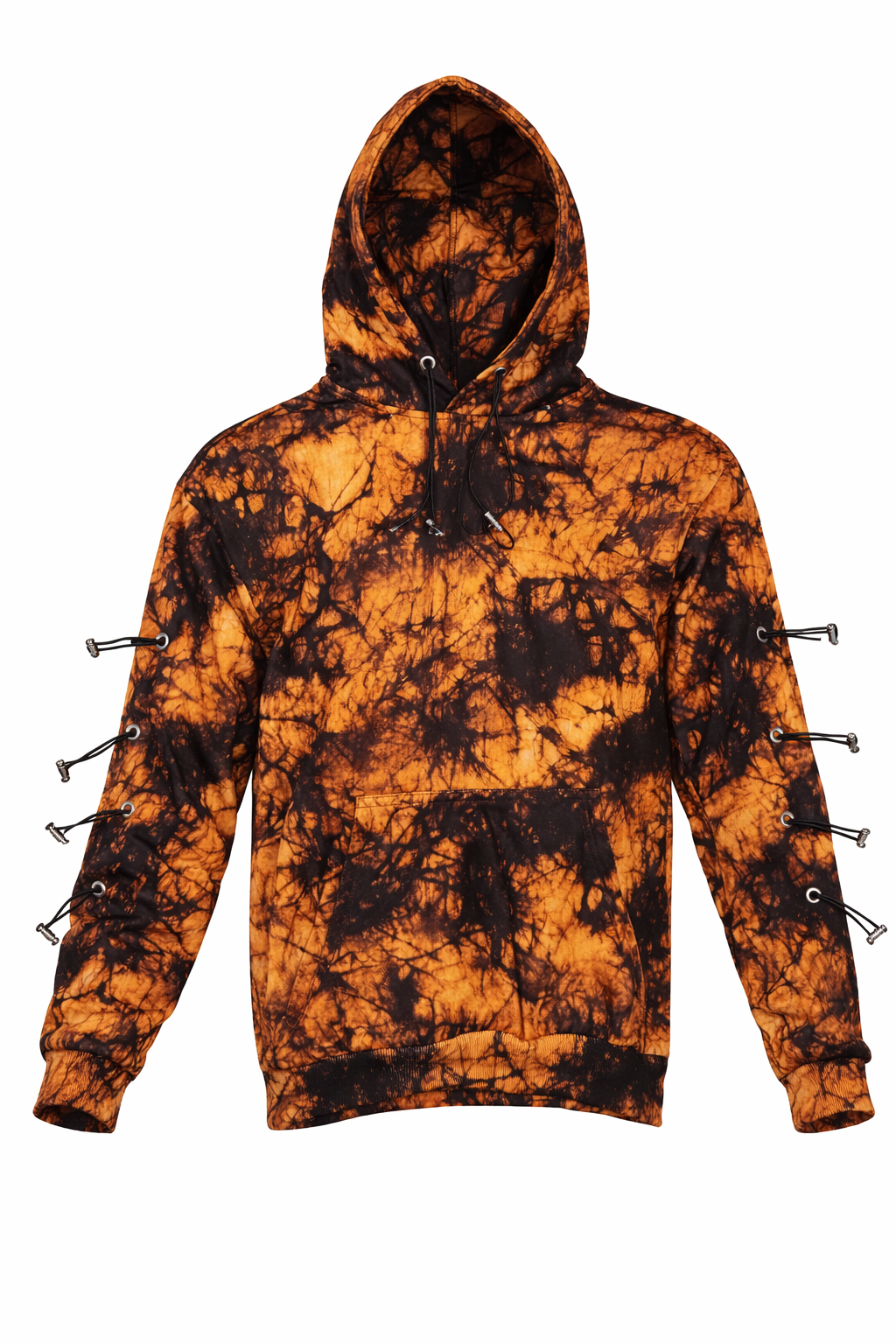 Tie-dye hoodie and sweatpant set featuring a vibrant orange and black pattern with decorative toggle hardware.
