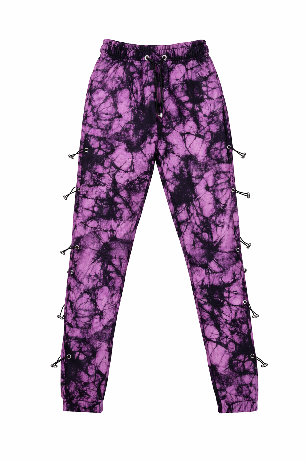 Tie-dye hoodie and sweatpant set featuring purple tie-dye sweatpants with decorative toggle hardware.