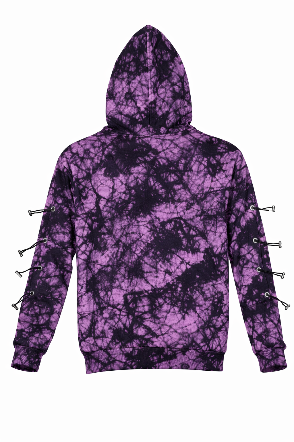 Tie-dye hoodie and sweatpant set featuring a purple crystal-wash tie-dye print and decorative toggle hardware.