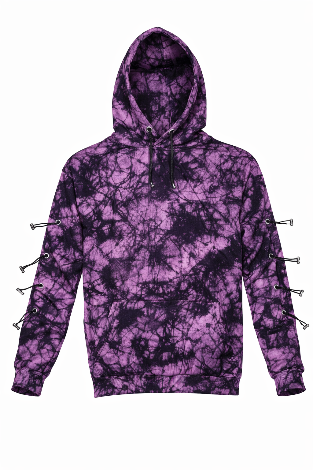 Tie-dye hoodie and sweatpant set featuring a crystal-wash tie-dye print and decorative toggle hardware on sleeves.