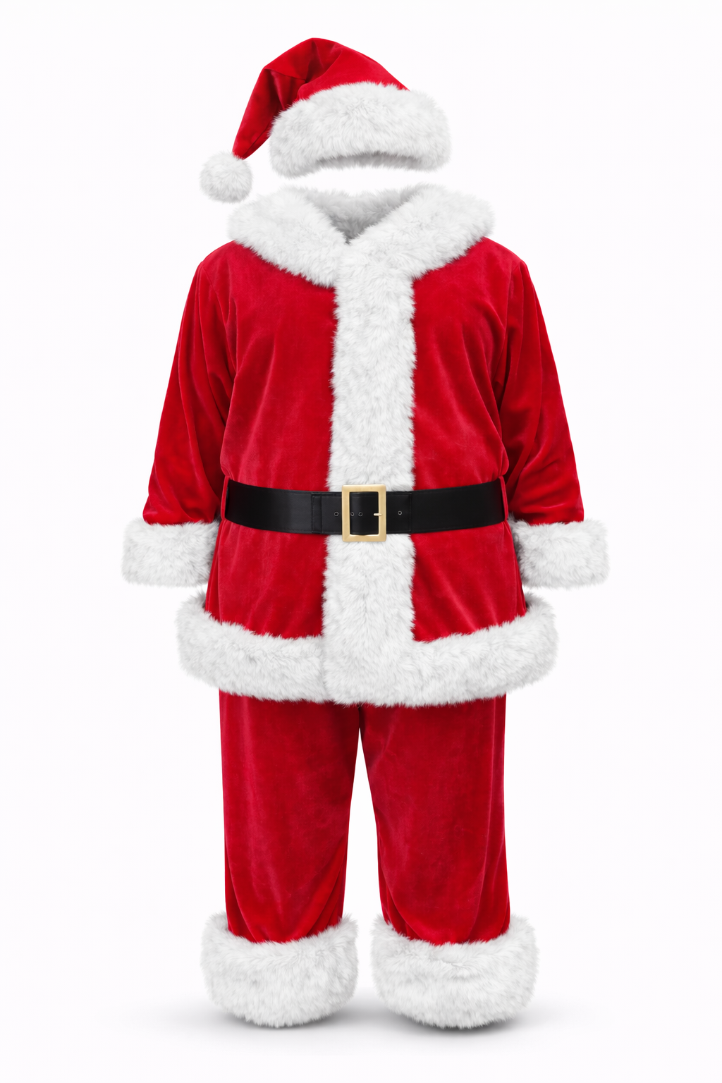 Trim & Tradition Santa Suit featuring a red and white design with a fluffy trim and belt for holiday celebrations.