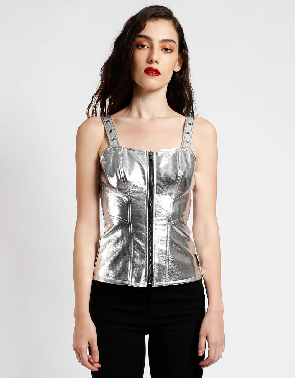 metallic faux leather corset top with zip front, featuring a sleek silver design and structured silhouette.