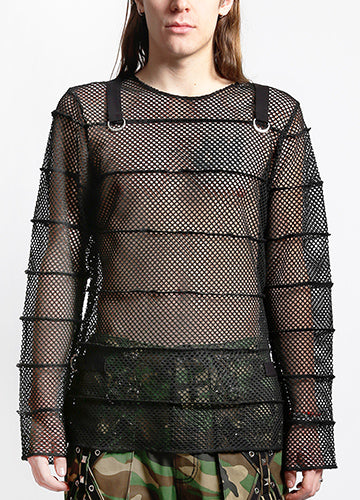 Model showcasing Tripp NYC striped mesh jersey top with D-ring detail and open mesh construction.