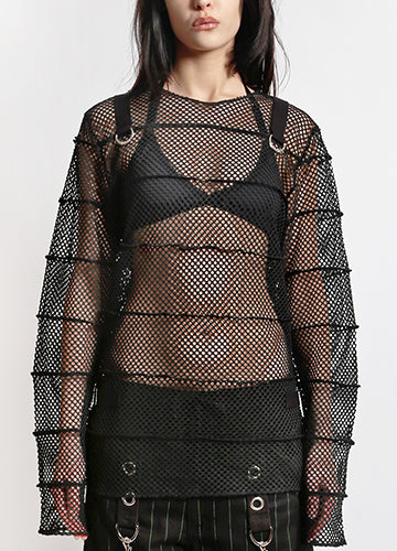 Striped mesh jersey top featuring long sleeves and D-ring detail, showcasing bold striped texture in open mesh construction.
