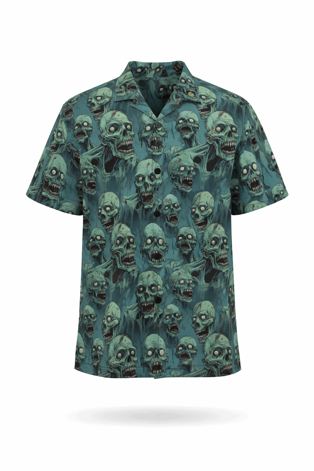 Zombie crowd gothic shirt featuring a vibrant teal pattern of zombie faces.
