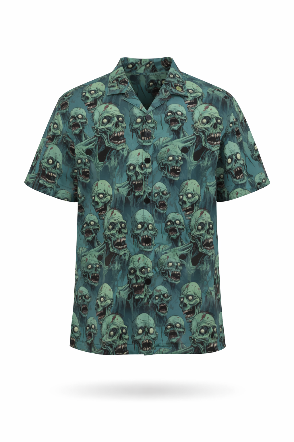 Zombie crowd gothic shirt featuring a vibrant teal pattern of zombie faces.